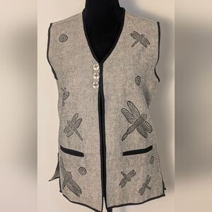 Venus Imports Vest Womens Small Gray Black Canvas Dragonfly Print Button Front